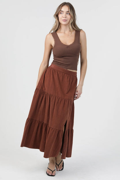 Angie Cord Corduroy Acid Wash Maxi Skirt Brown