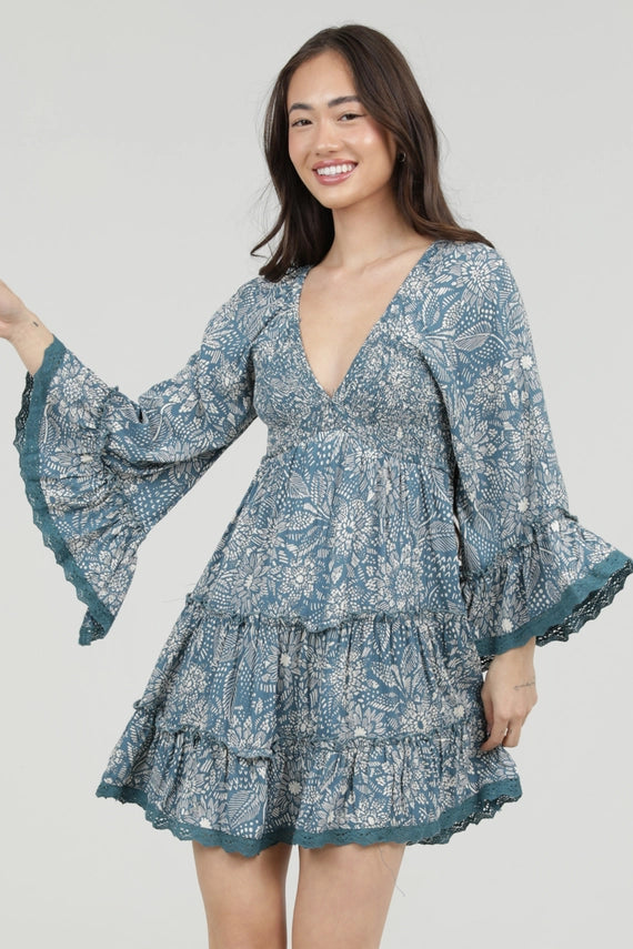 Angie V-Neck Smocked Bust Flare Bell Sleeve Dress Blue