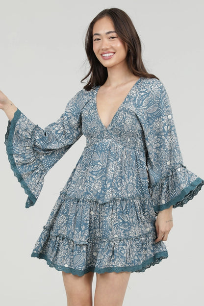 Angie V-Neck Smocked Bust Flare Bell Sleeve Dress Blue