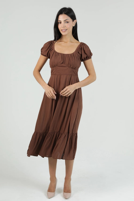 Angie Puff Sleeve Midi Dress Brown