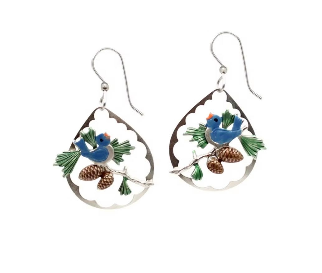 Silver Forest Holiday Bluebird Earrings