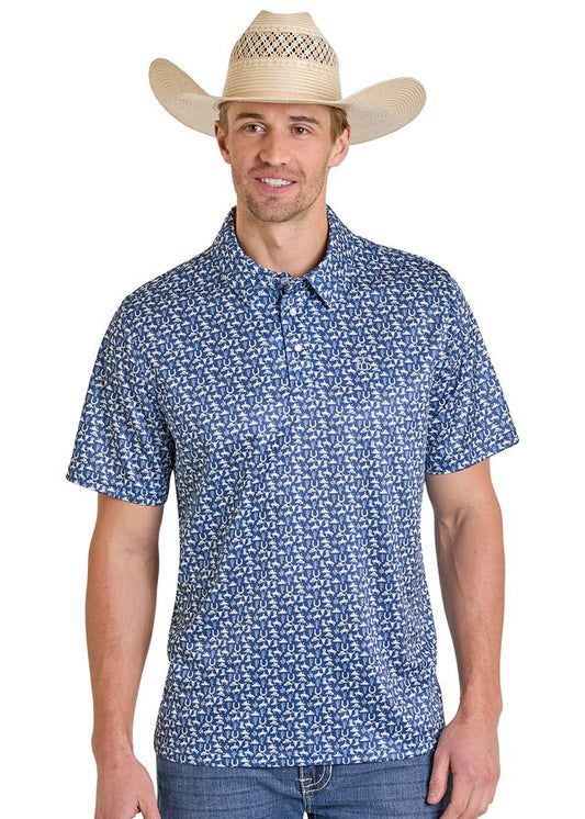 Rock & Roll Mens Short Sleeve Snap Polo Blue Print