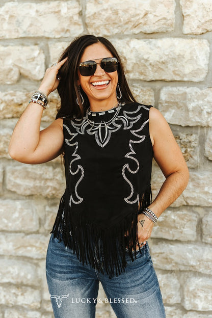 Lucky & Blessed Suede Boot Stitch Embroidered Tank with Fringe Hem Black