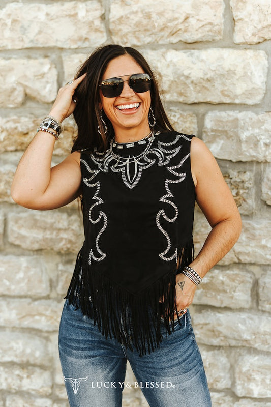 Lucky & Blessed Suede Boot Stitch Embroidered Tank with Fringe Hem Black