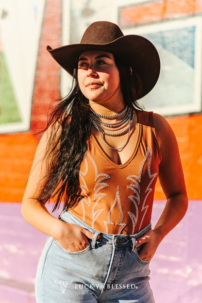 Boot Stitch Embroidered V Neck Bodysuit Camel Ivory