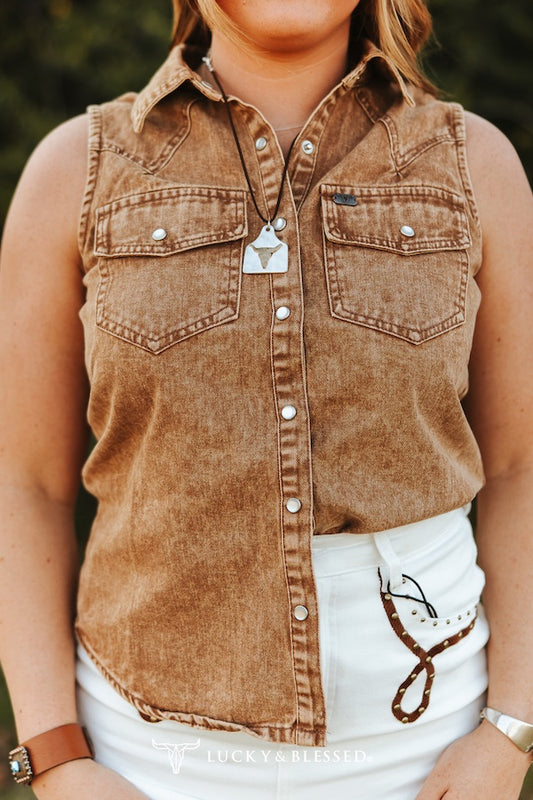 Lucky & Blessed Denim Mineral Wash Sleeveless Pearl Snap Top Camel