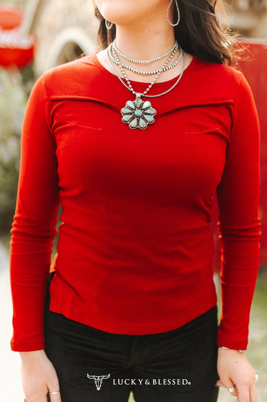 Lucky & Blessed Top with Embroidered Wester Arrows Yoke Red