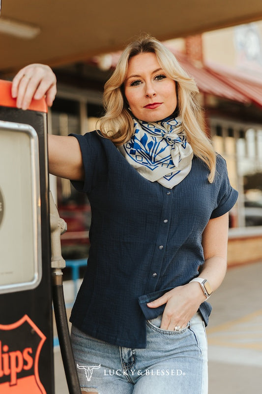 Lucky & Blessed Textured Cotton Button Down Short Sleeve Shirt Blue