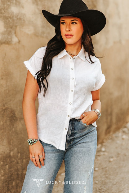 Lucky & Blessed Textured Cotton Button Down Short Sleeve Shirt Ivory