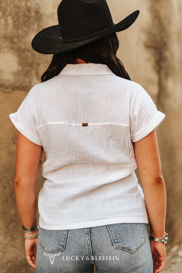 Lucky & Blessed Textured Cotton Button Down Short Sleeve Shirt Ivory