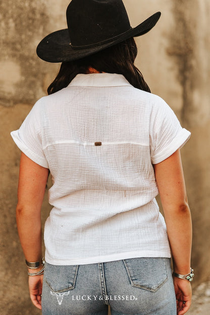 Lucky & Blessed Textured Cotton Button Down Short Sleeve Shirt Ivory
