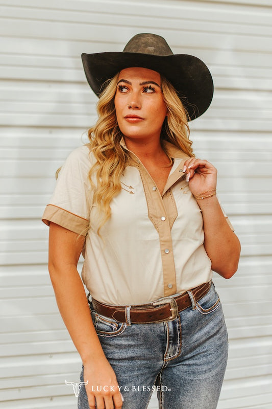Lucky & Blessed Two Tone Button Down with Piping Ivory/Beige