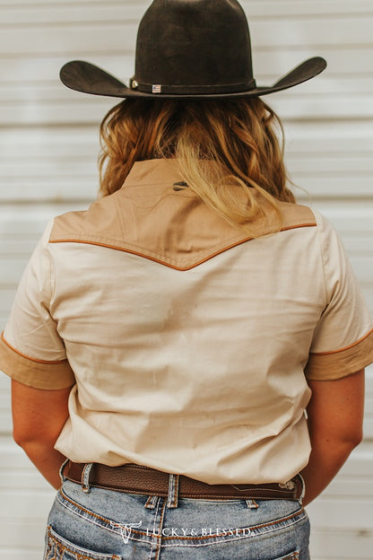 Lucky & Blessed Two Tone Button Down with Piping Ivory/Beige