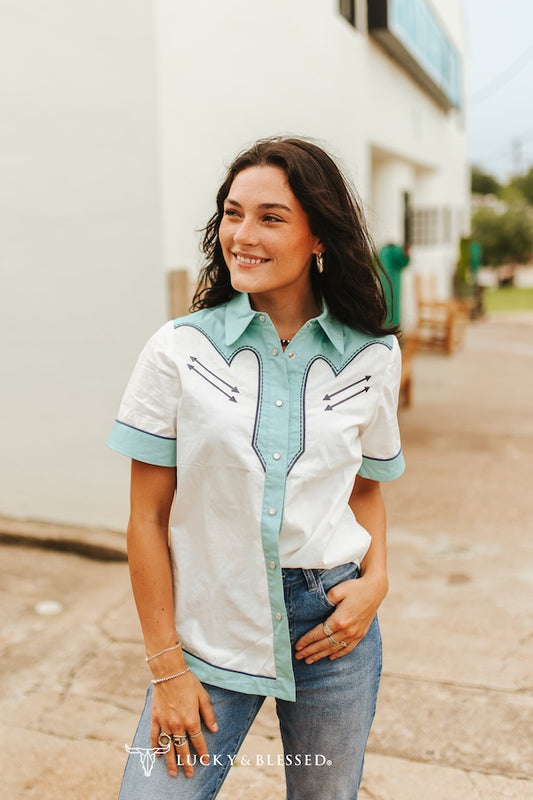 Lucky & Blessed White with Blue Design Pearl Snap Button Up Shirt