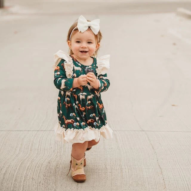 Shea Baby Green Floral Horse Long Sleeve Ruffle Dress