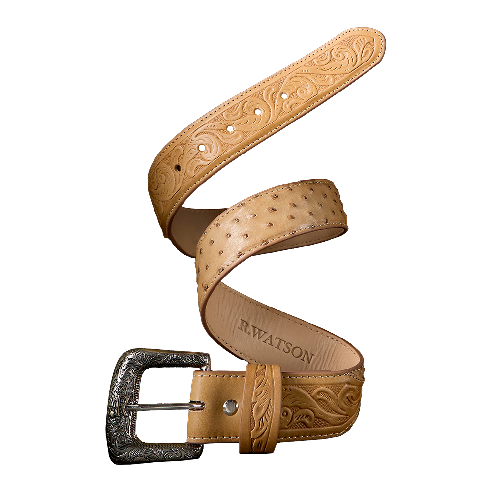 R Watson Brucciato Sand Ostrich Belt