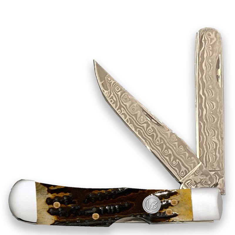 Whiskey Bent Bone Damascus Honey Badger Trapper Bullcutter