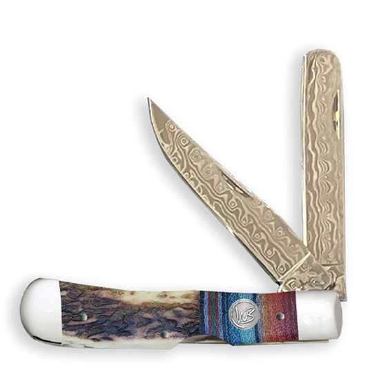 Whiskey Bent G10 Bone Damascus Bandito Trapper Bullcutter