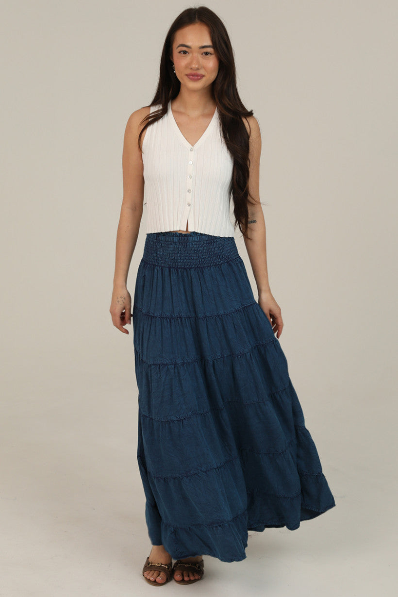 Angie Tiered Skirt with Smocked Waist Navy