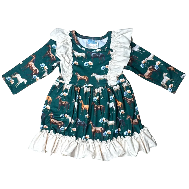 Shea Baby Green Floral Horse Long Sleeve Ruffle Dress