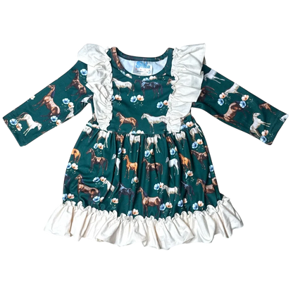 Shea Baby Green Floral Horse Long Sleeve Ruffle Dress